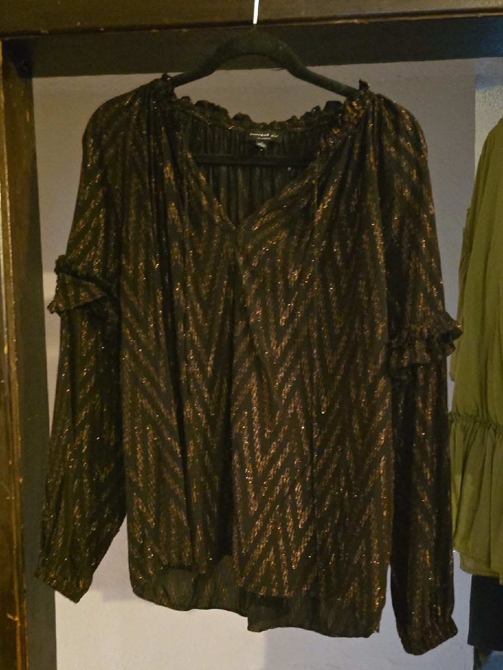 Current Air Black Blouse with Gold Chevron Accent